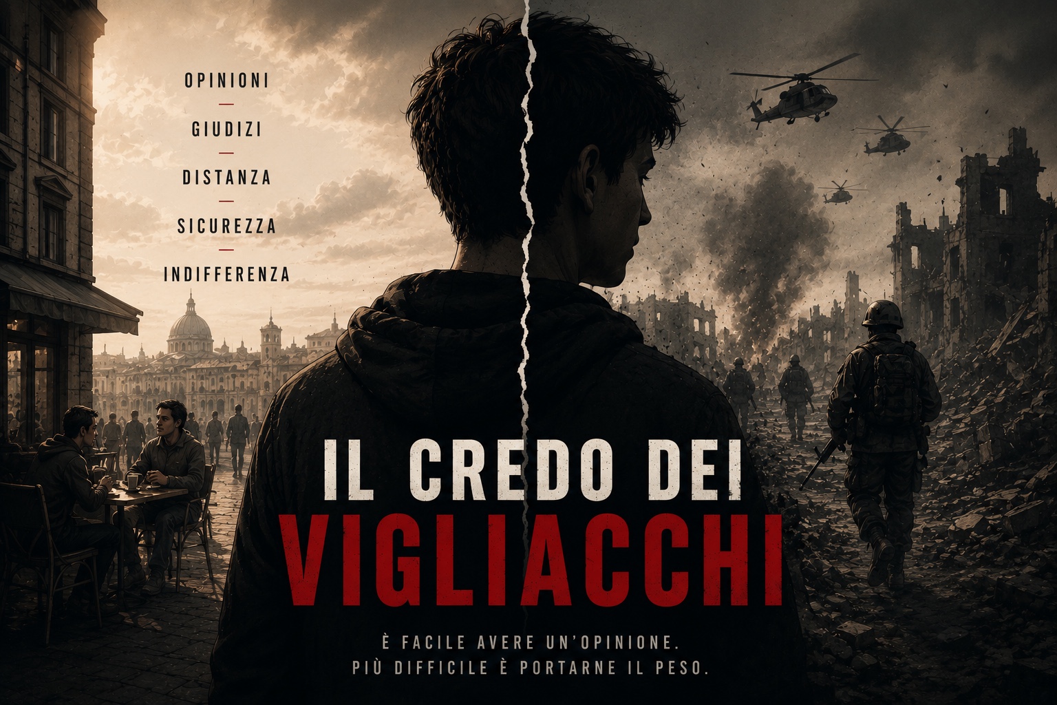 Vita quotidiana e scenario di guerra nella copertina de Il Credo dei Vigliacchi